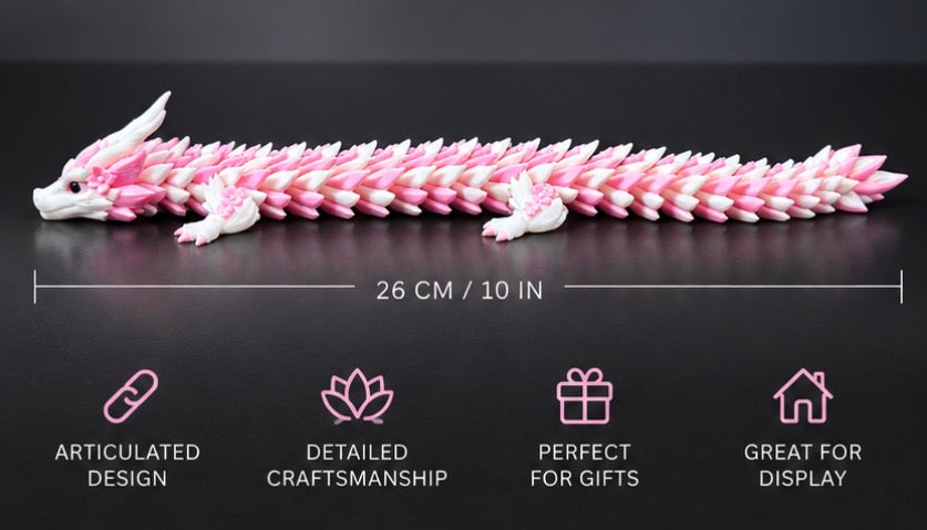Pink & White Articulated Dragon – 3D Printed, 10" Long