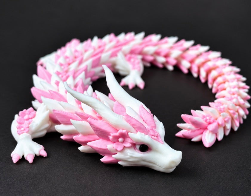 Pink & White Articulated Dragon – 3D Printed, 10" Long