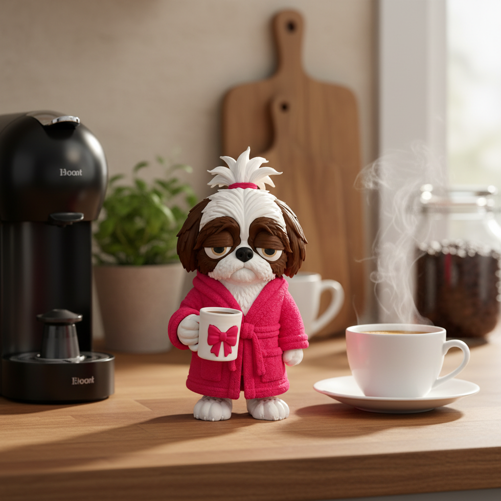 Shih Tzu with Pink Robe & Coffee Mug – 3D Printed Figurine, 6"