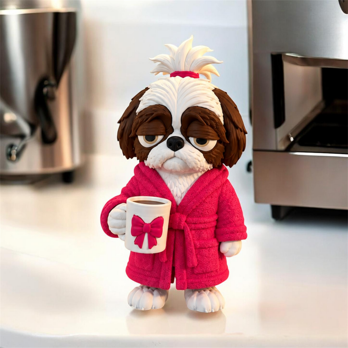 Shih Tzu with Pink Robe & Coffee Mug – 3D Printed Figurine, 6"