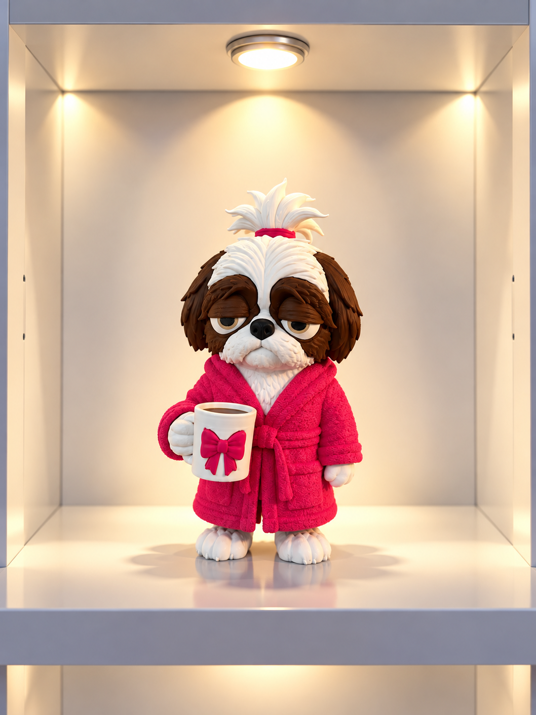 Shih Tzu with Pink Robe & Coffee Mug – 3D Printed Figurine, 6"